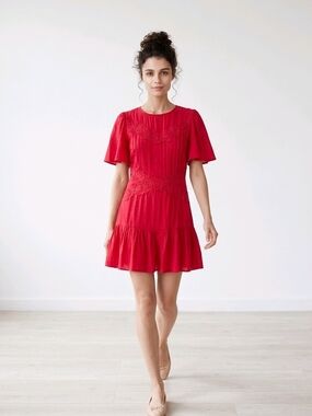 A. Calin by Flying Tomato Red Mini Dress | Lace Detail | Flowy Tiered | Medium